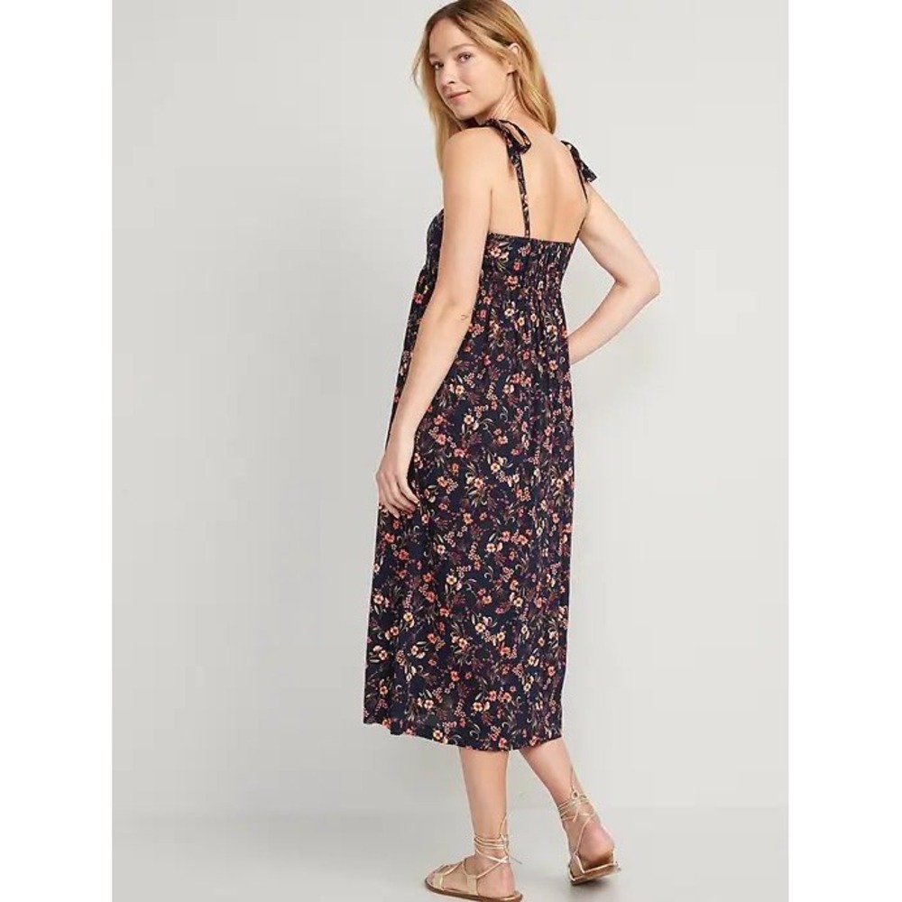 Old Navy Navy Floral Tie Shoulder Midi Dress XS Pockets Smocked Back Babydoll - Picture 2 of 10
